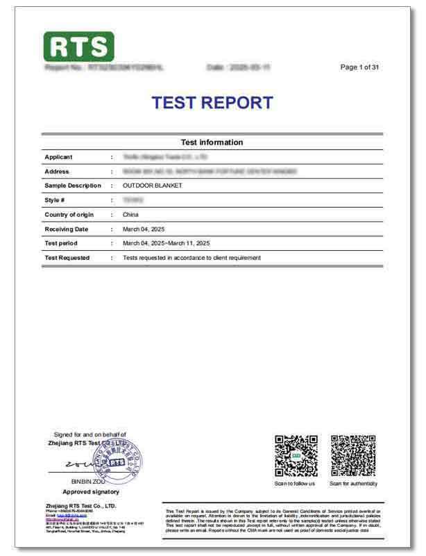 RTS test report for fleece waterproof picnic blanket heavy metal compliance RTS test report for fleece waterproof picnic blanket heavy metal compliance